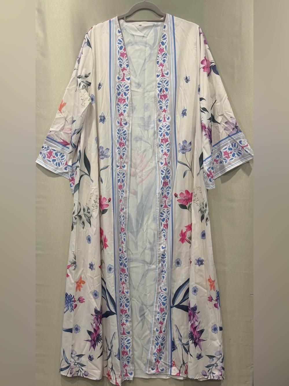 Floral Watercolor Open-Front Kimono Coat - White/Pink/Blue